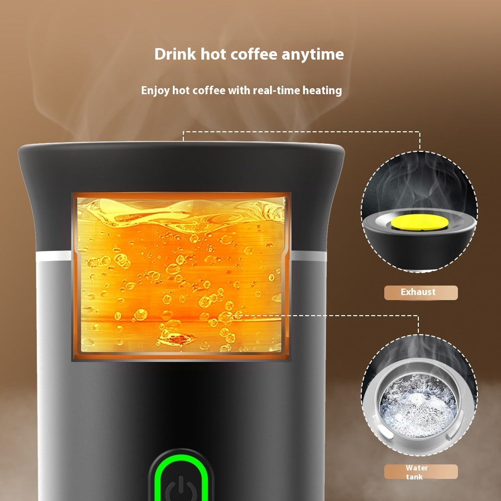 Hot coffee maker with real-time heating feature on a brown background