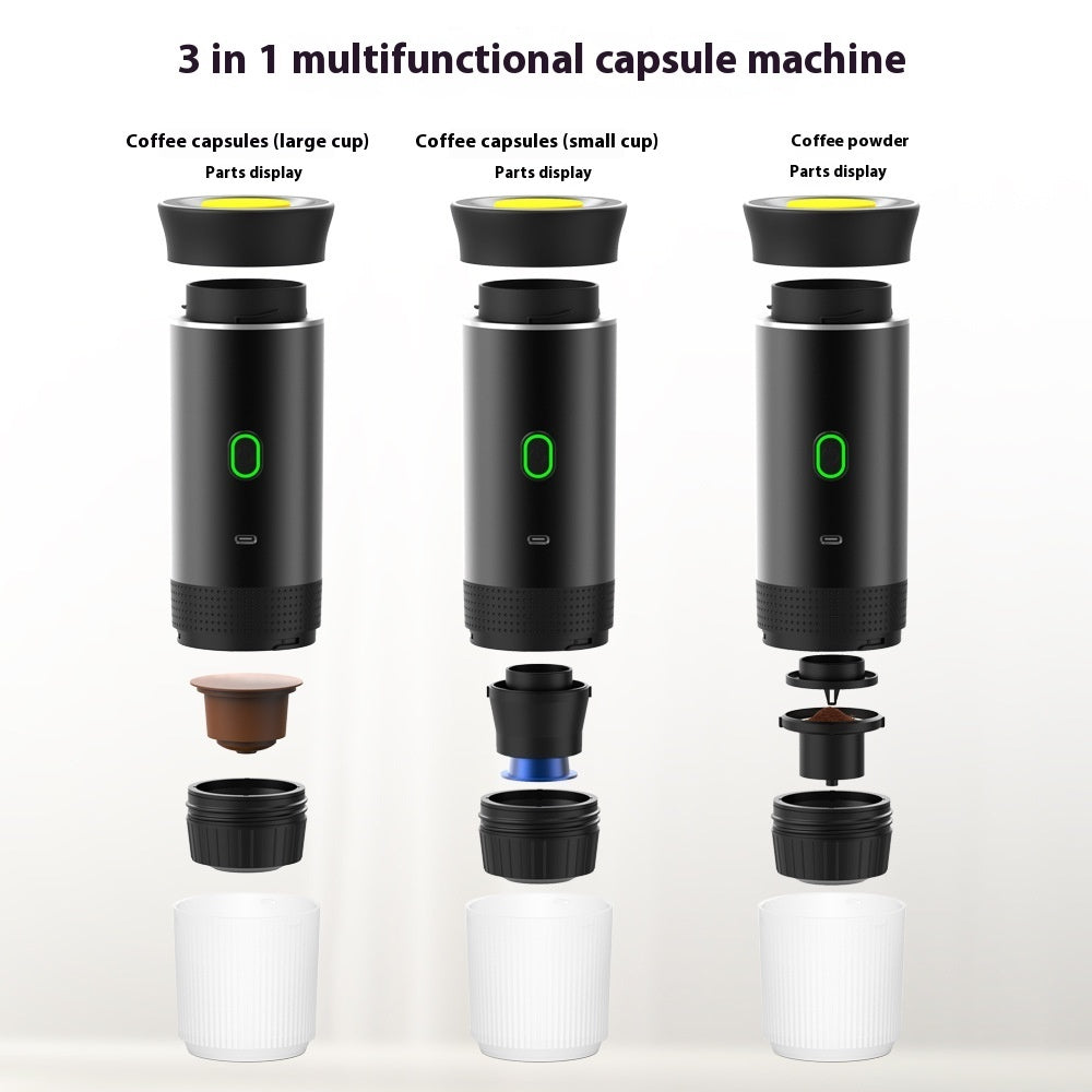 3-in-1 multifunctional capsule machine with labeled parts on a white background