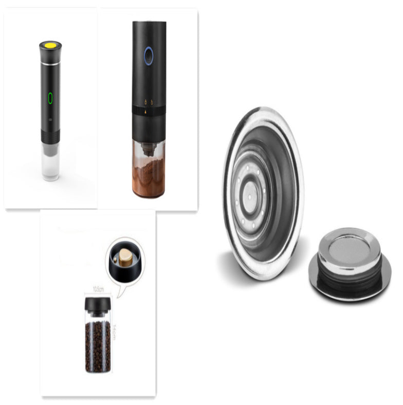 Collage of portable coffee makers on a white background.