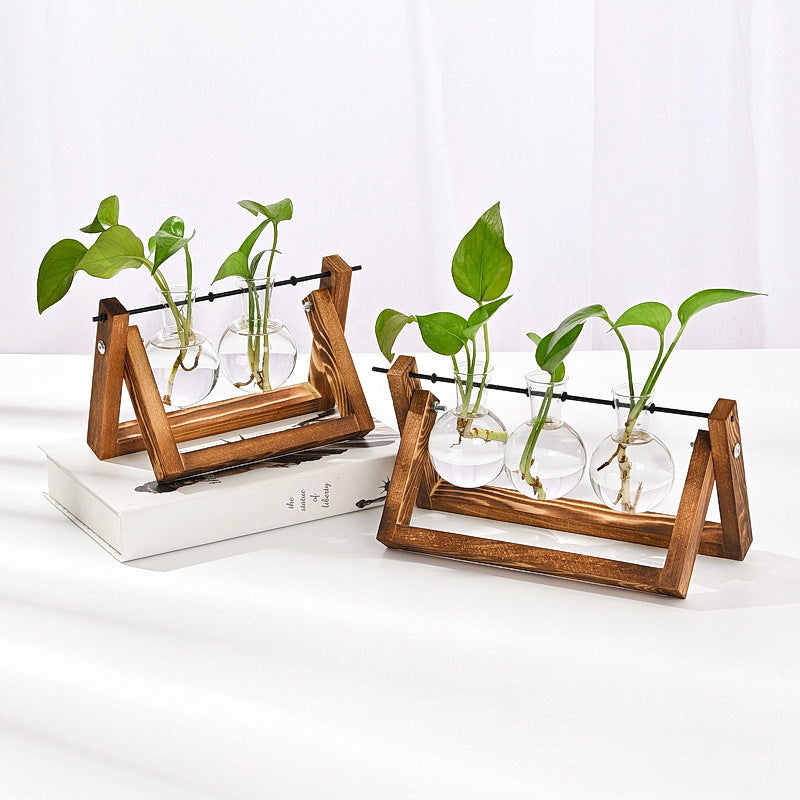 Creative Wooden Frame Hydroponic Glass Vase Ins Style Vintage Green Rose Plant Hydroponic Ware Small Vase Desktop Ornaments