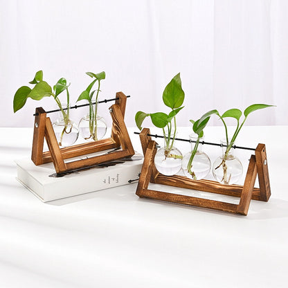 Creative Wooden Frame Hydroponic Glass Vase Ins Style Vintage Green Rose Plant Hydroponic Ware Small Vase Desktop Ornaments