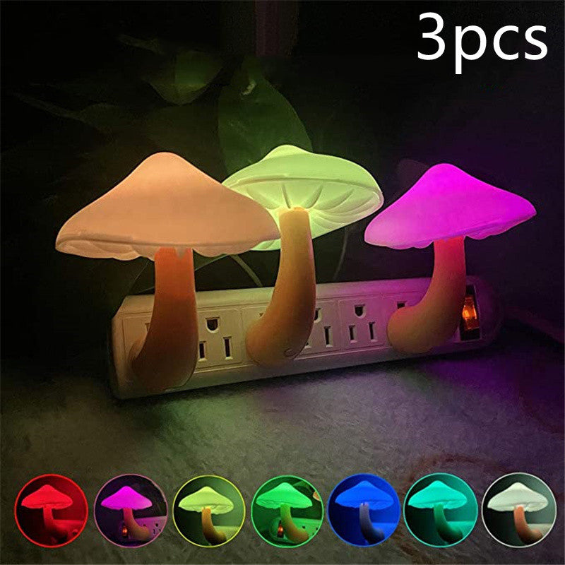 Three colorful mushroom-shaped night lights with a power adapter on a dark background, showing color options below.