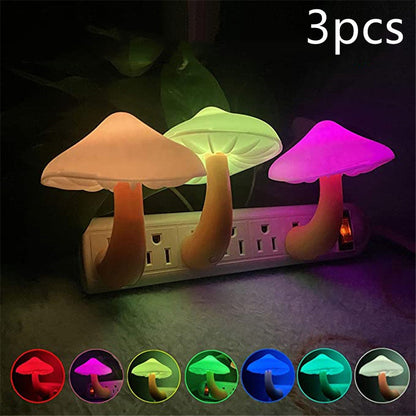 Three colorful mushroom-shaped night lights with a power adapter on a dark background, showing color options below.