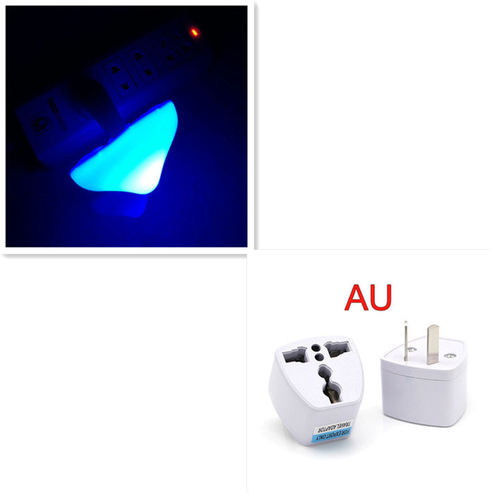 Collage of a blue light-emitting mushroom shaped light, an adapter, and a plug with 'AU' label.
