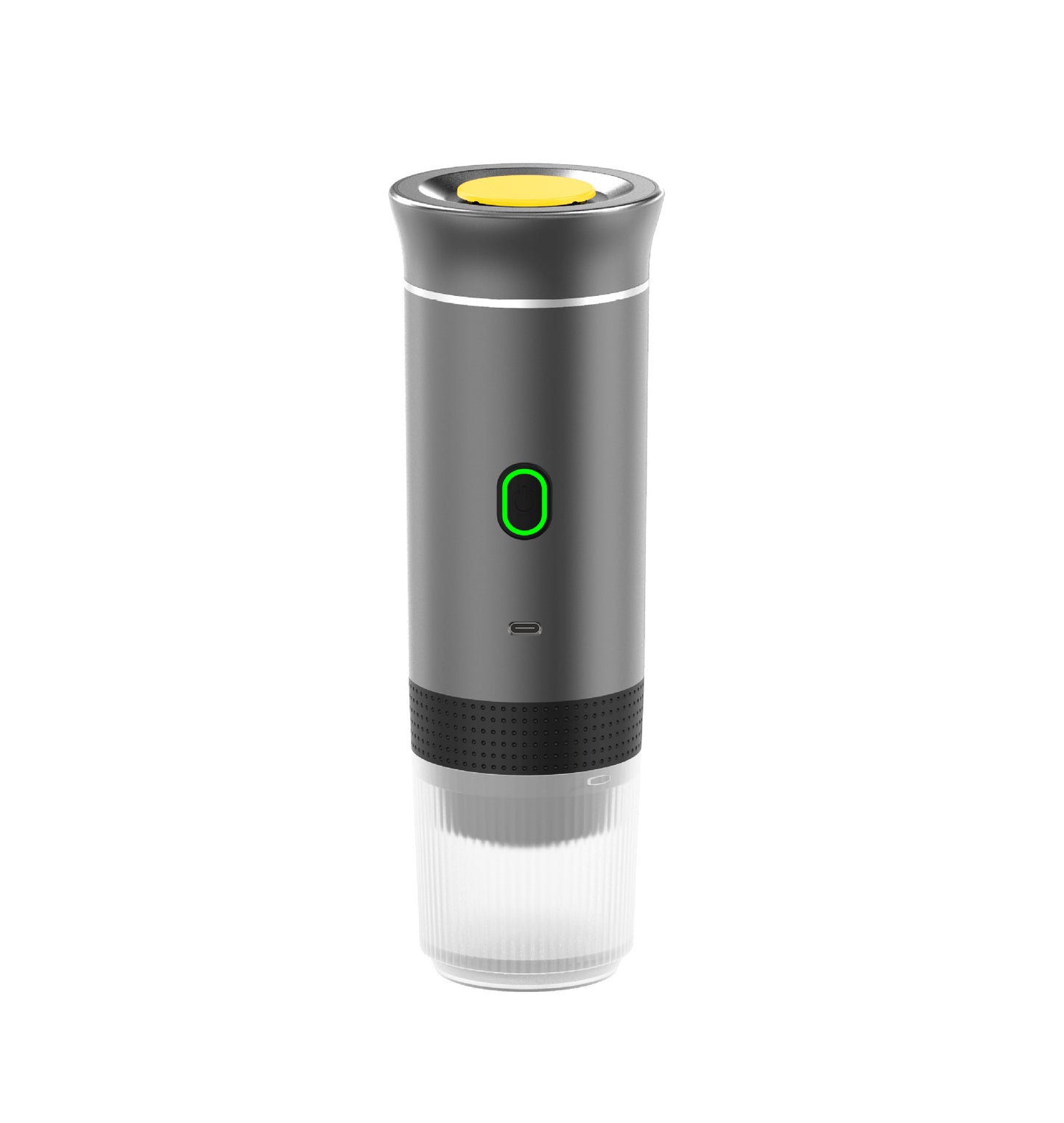 Gray portable coffee maker with a yellow top and green light on a white background