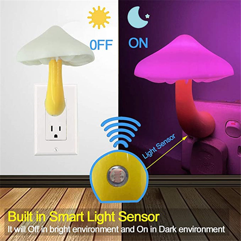 Mushroom-shaped night light with smart light sensor feature, showing off and on states.