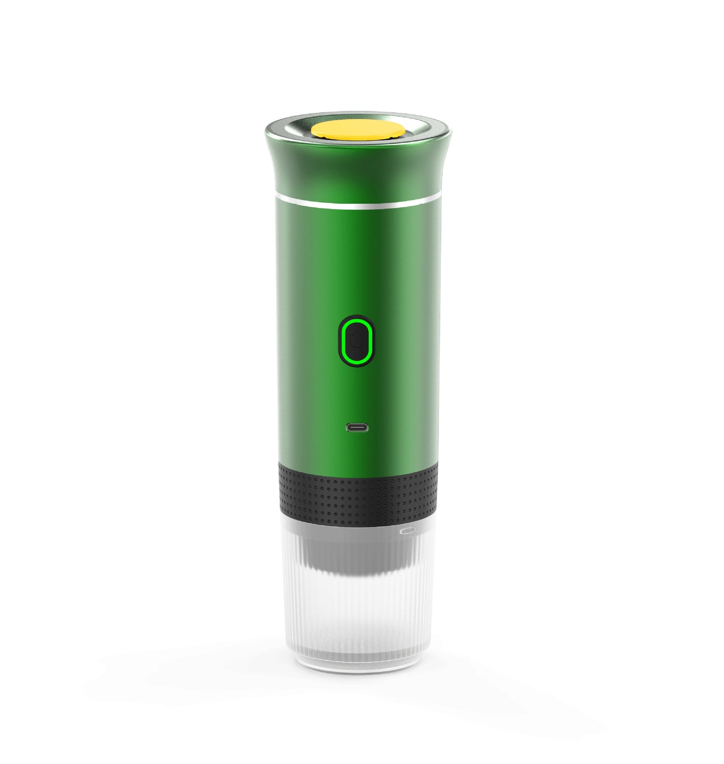 green portable coffee maker with a green light on a white background