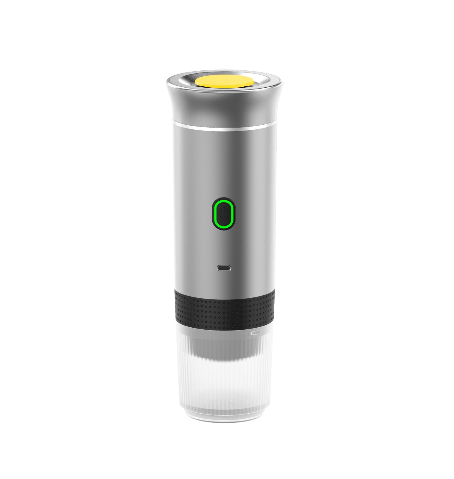 Silver portable coffee maker with a yellow top and green light on a white background