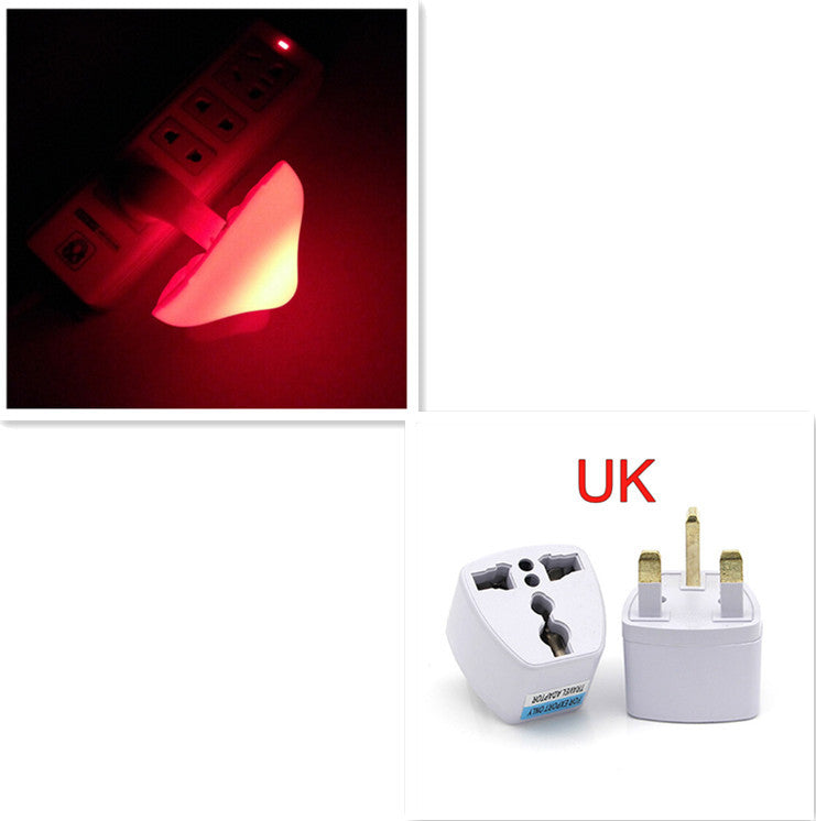 Collage of a red mushroom-shaped night light and two travel adapters with UK plug design.