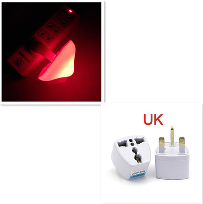 Collage of a red mushroom-shaped night light and two travel adapters with UK plug design.