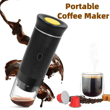 Portable coffee maker with coffee beans, glass of coffee, and chocolate syrup on a white background.