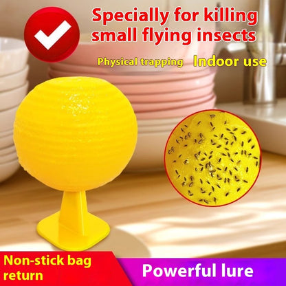 Yellow insect trap with text highlighting its use for killing small flying insects, indoor application, non-stick bag return, and powerful lure.
