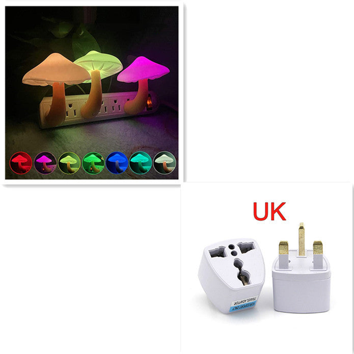 Colorful mushroom night light with UK plug adapter on a white background