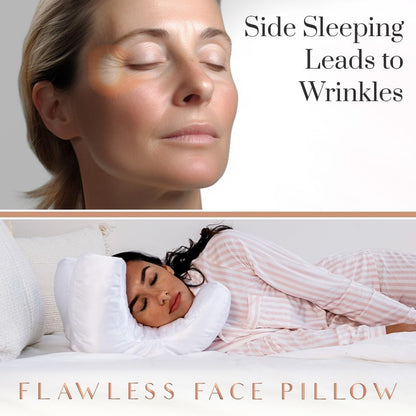 Advertisement for a anti-wrinkle face-up pillow showing a woman sleeping with it, with text about side sleeping leading to wrinkles.