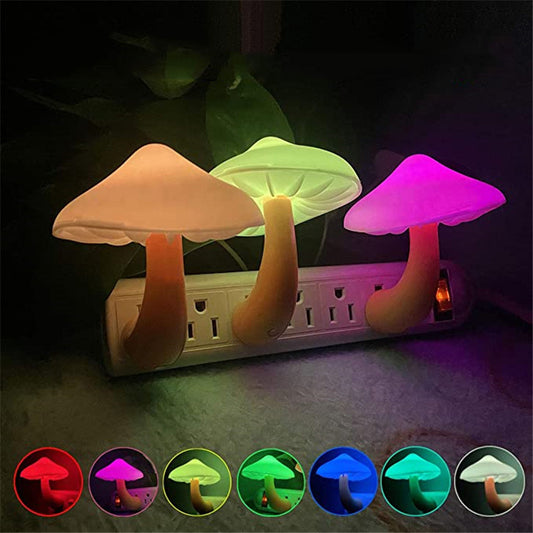 Mushroom-shaped night lights with color-changing options on a dark background