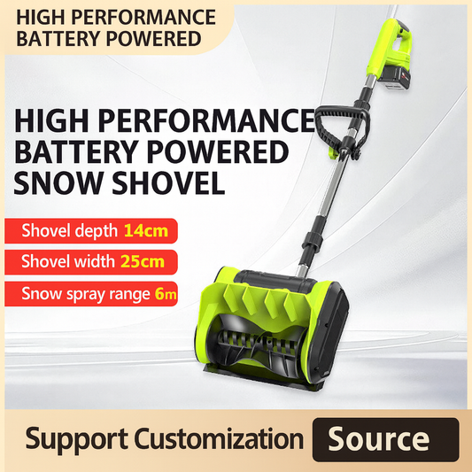 High performance battery-powered snow shovel with specifications on a white background