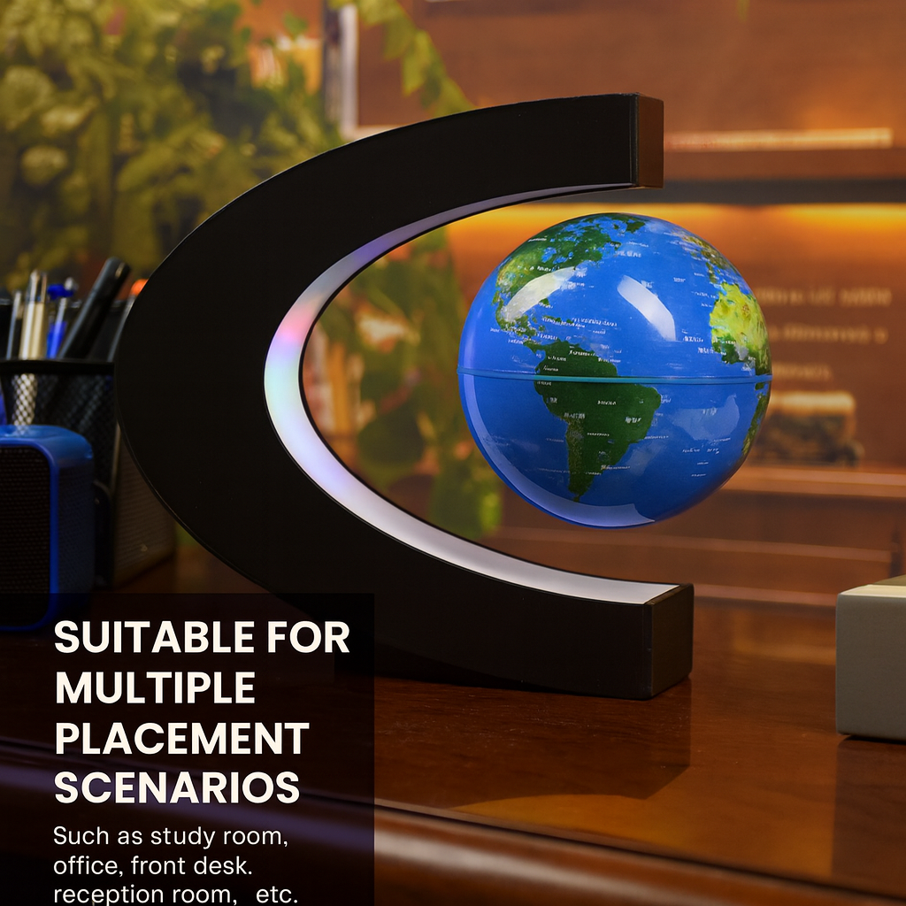 Levitating globe on a desk with text indicating suitability for multiple placement scenarios.