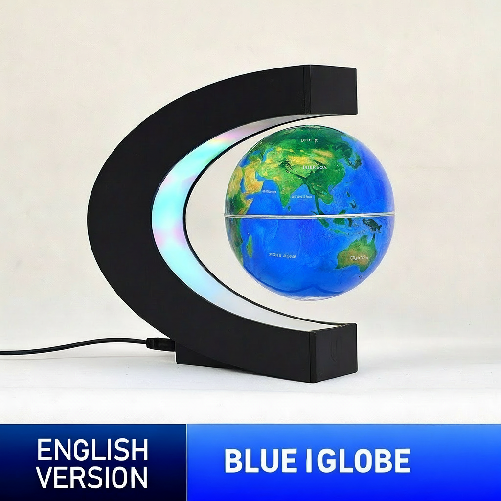 Blue levitating globe with black stand on a light background