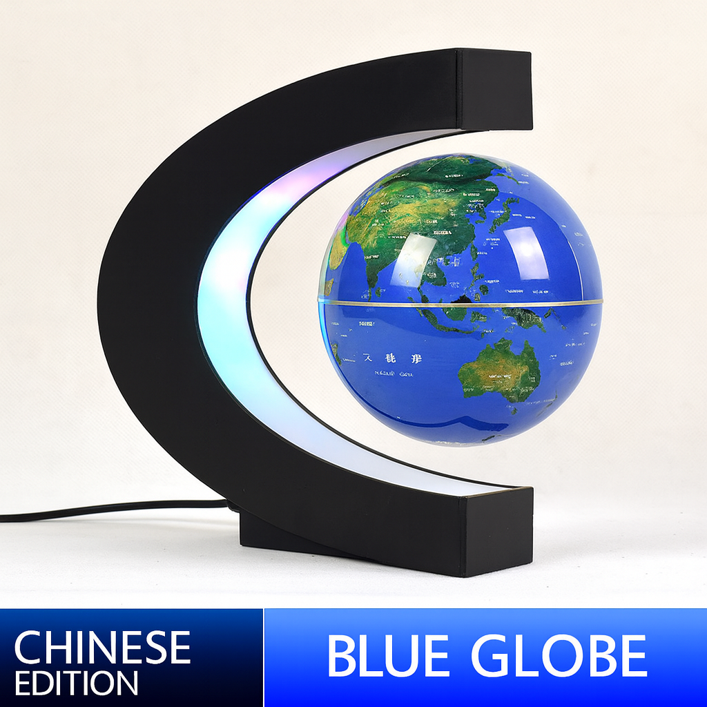 Blue globe with LED lighting on a black stand against a white background