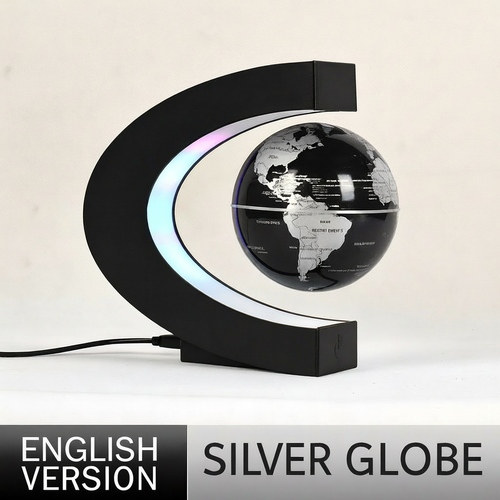 Black and silver globe with LED lighting on a beige background