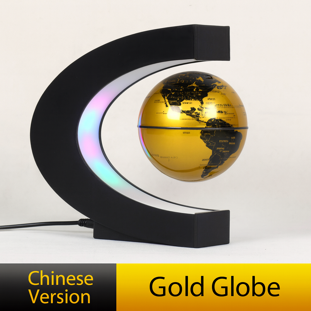 Gold globe with black curved stand on a white background
