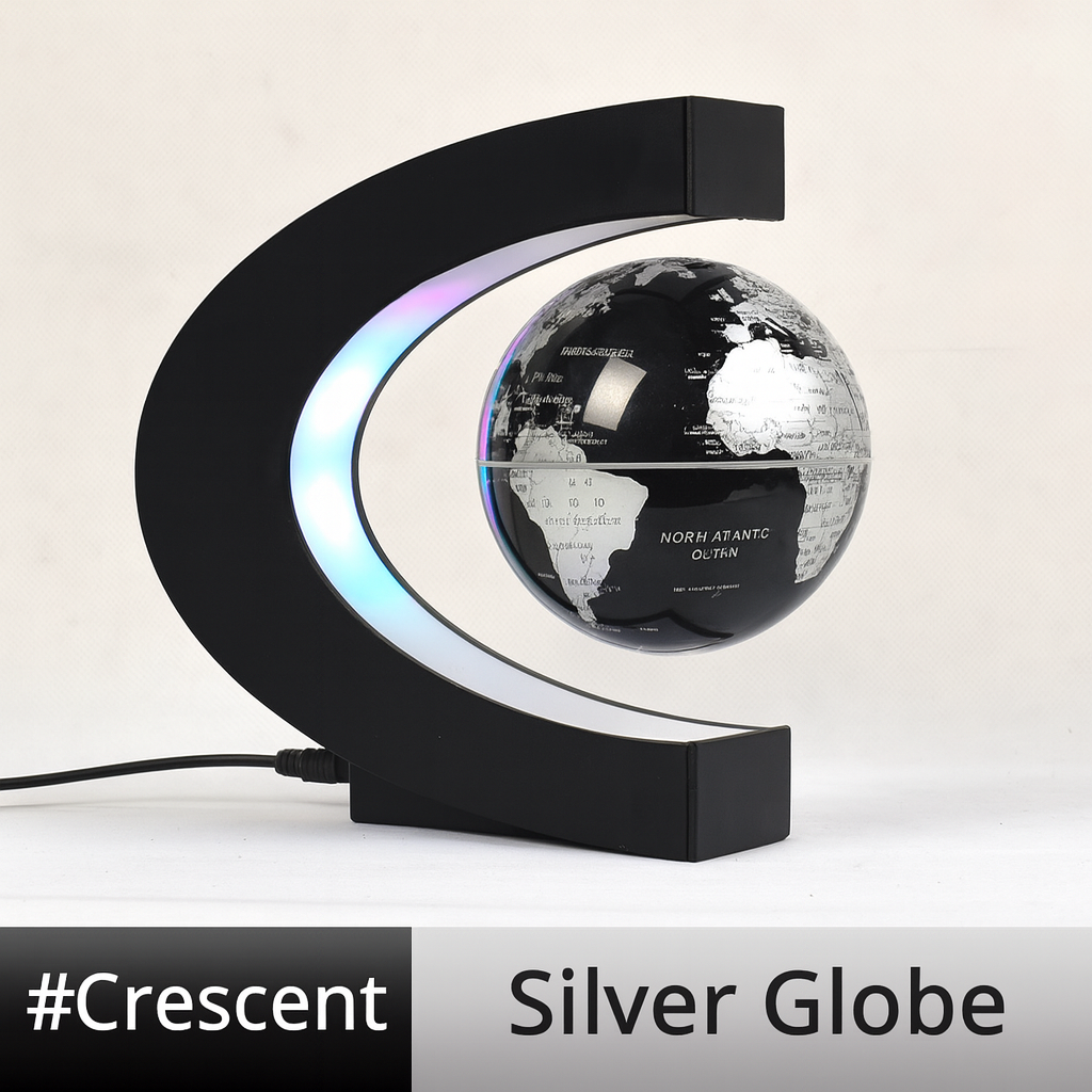 Crescent-shaped globe with LED lighting on a white background