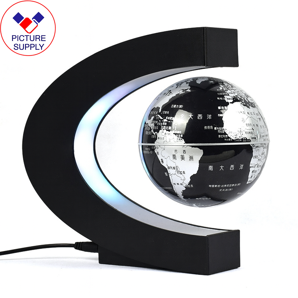 Levitating globe with black base and white background