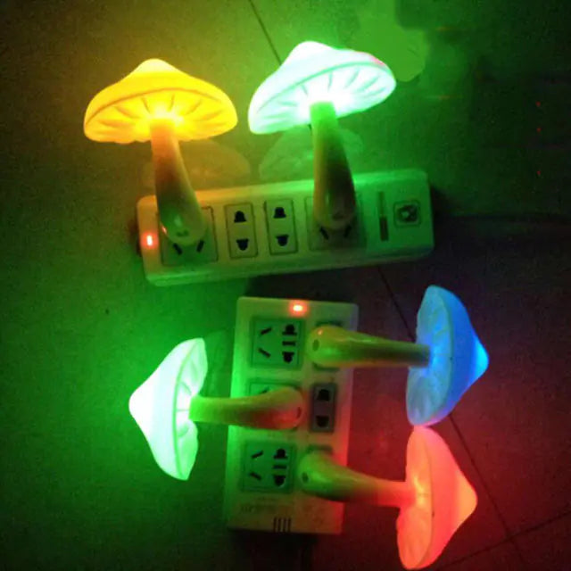 Mushroom-shaped night lights on a power strip with a green background