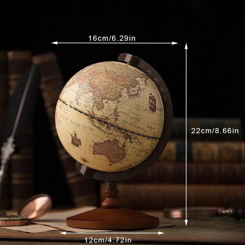 Vintage-style globe with measurements on a dark background