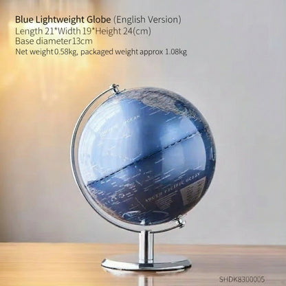 Blue lightweight globe on a stand with product details text.