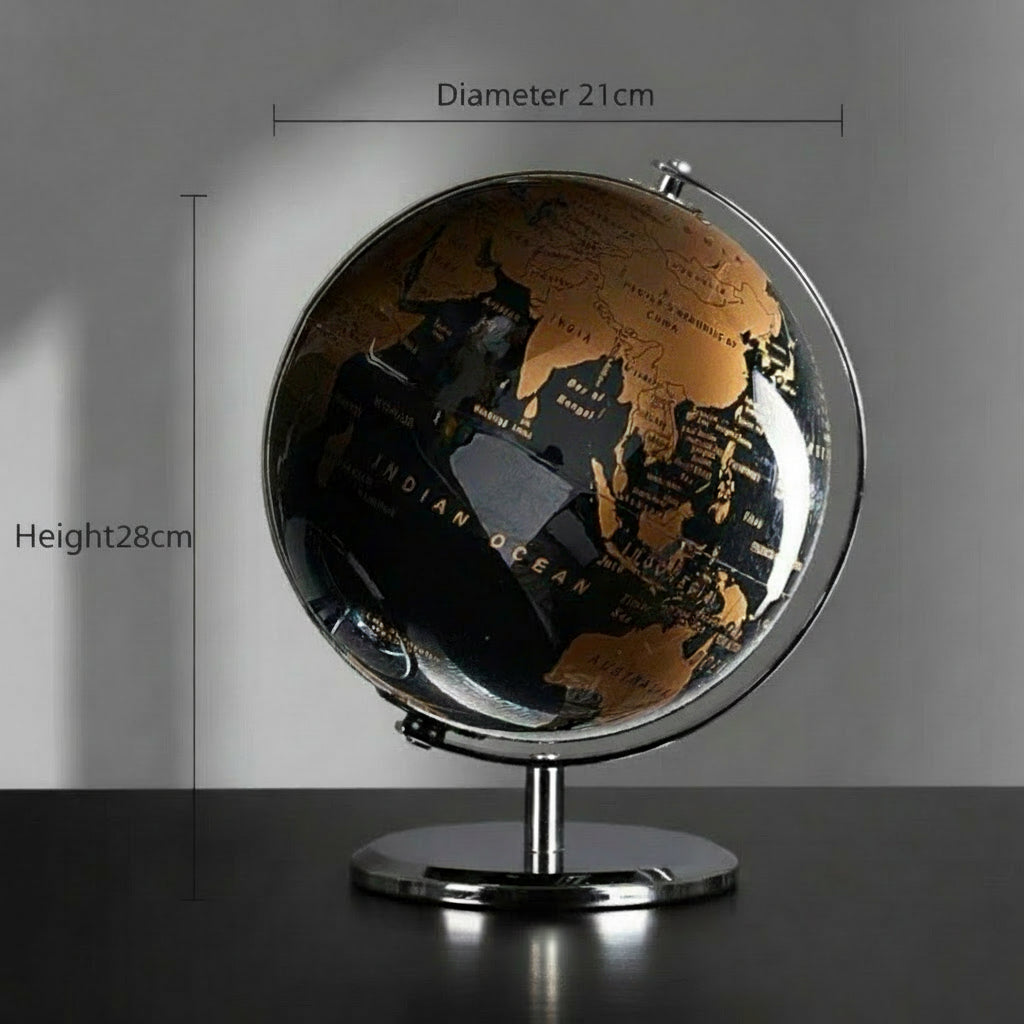 World globe with dimensions on a gray background