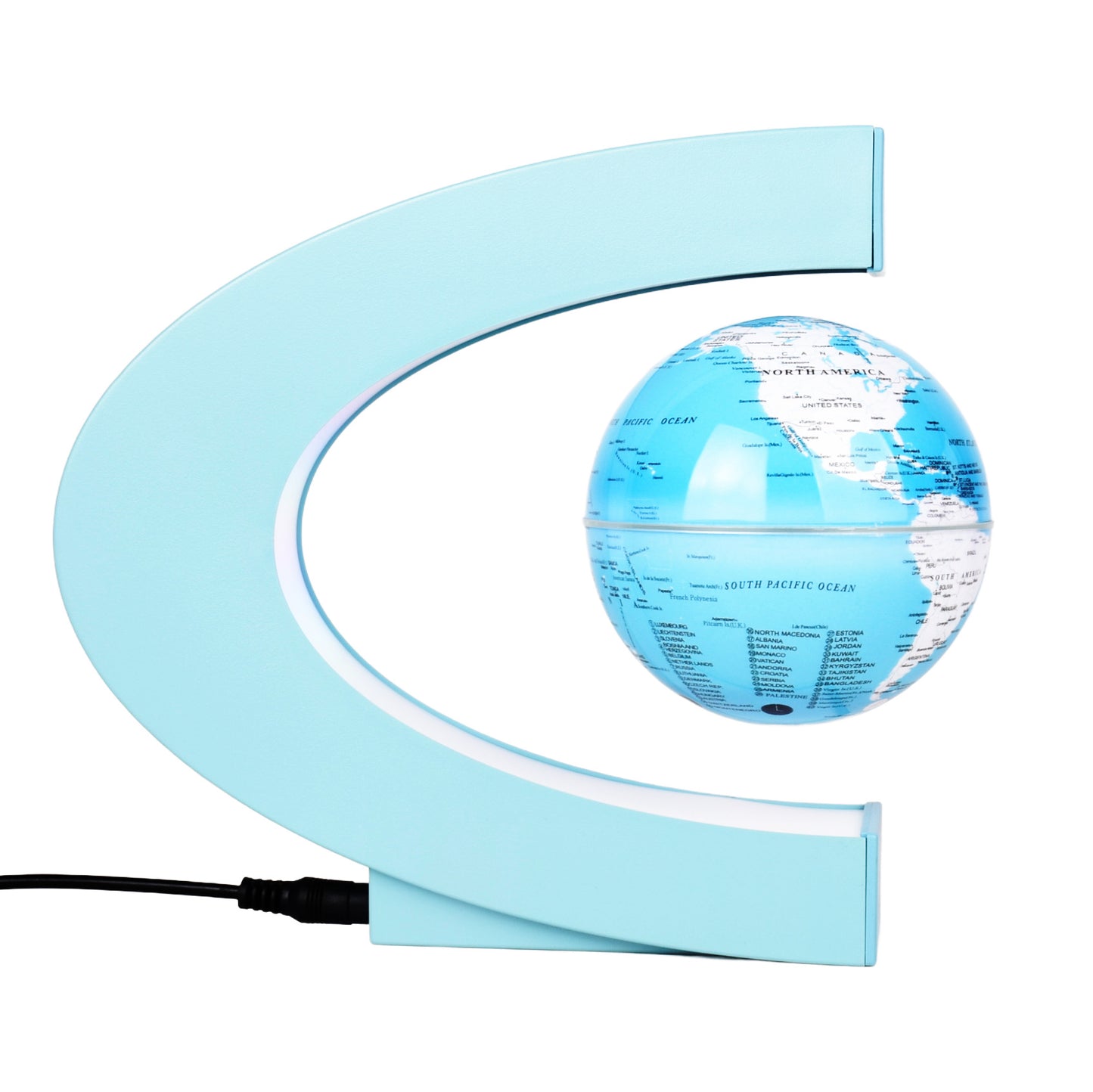 blue globe with light blue curved stand on a white background