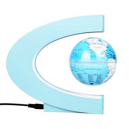 blue globe with light blue curved stand on a white background