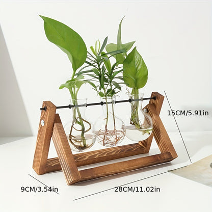 Creative Wooden Frame Hydroponic Glass Vase Ins Style Vintage Green Rose Plant Hydroponic Ware Small Vase Desktop Ornaments