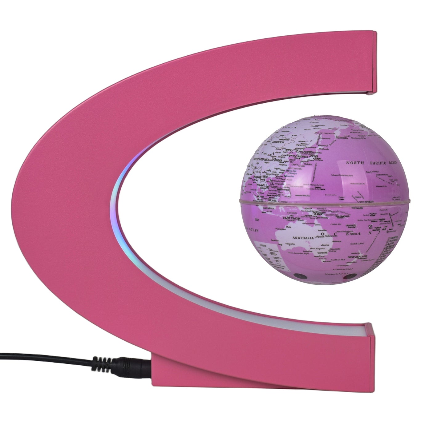 pink globe with a pink curved stand on a white background