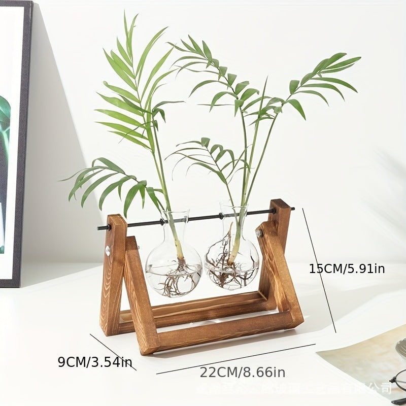 Creative Wooden Frame Hydroponic Glass Vase Ins Style Vintage Green Rose Plant Hydroponic Ware Small Vase Desktop Ornaments