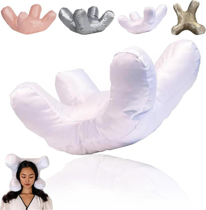 anti-wrinkle face-up pillows with various color options displayed above a person wearing it.