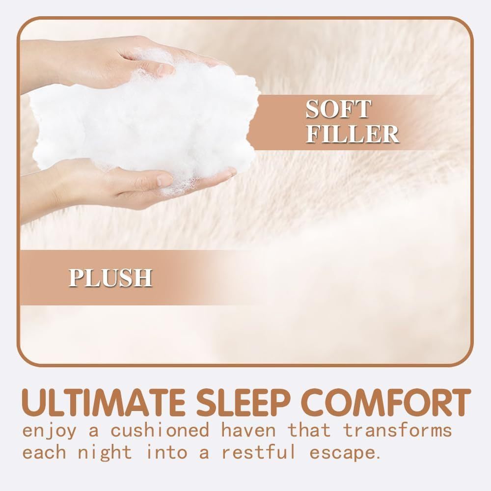 Hands holding soft white filler with text about plush comfort and sleep quality.