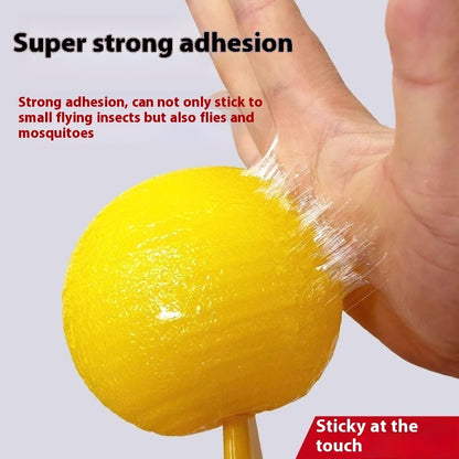 Yellow insect trap with sticky substance being peeled off by a hand, with text about strong adhesion.