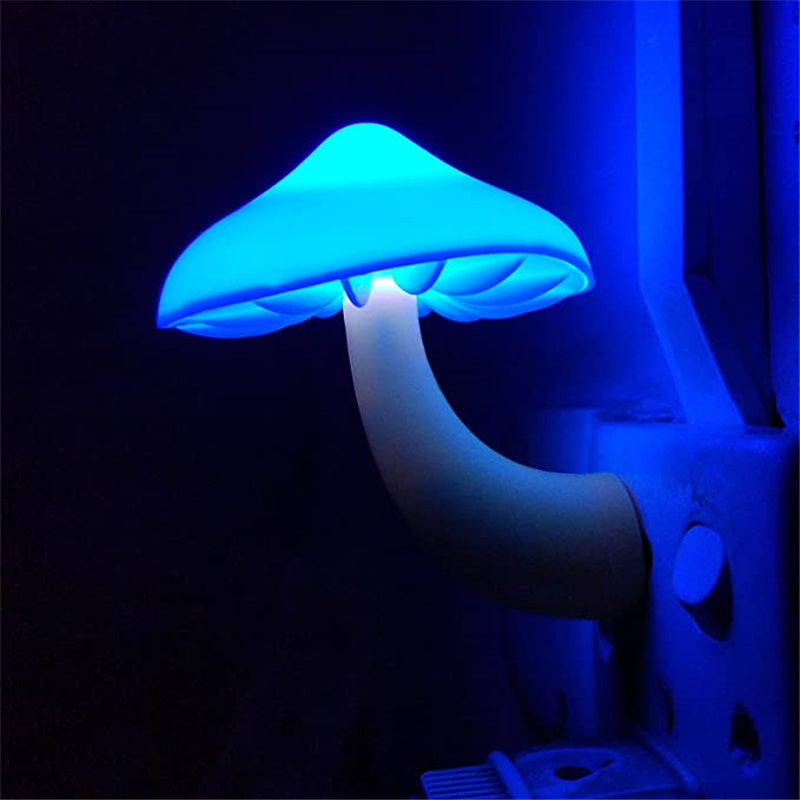 Blue mushroom-shaped light attached to a wall