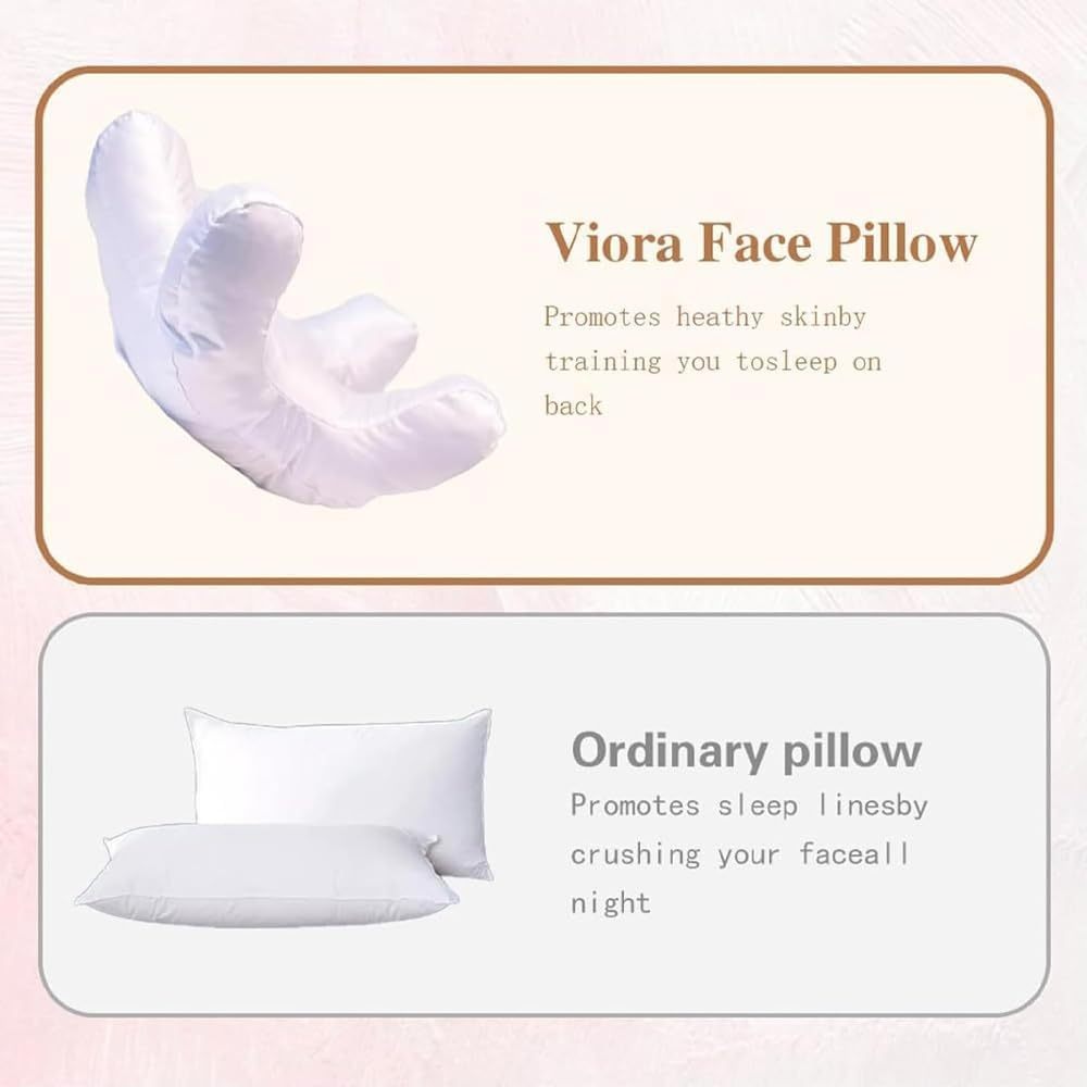 anti-wrinkle face-up pillow with comparison to an ordinary pillow on a pink background.