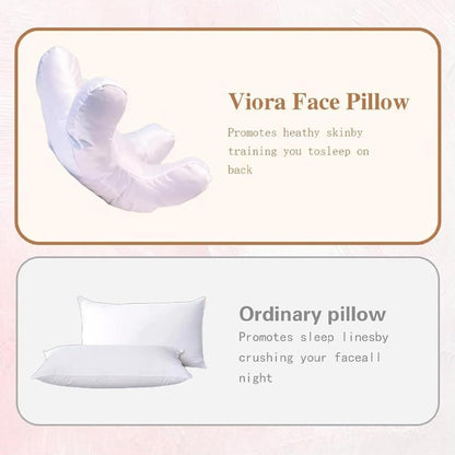 anti-wrinkle face-up pillow with comparison to an ordinary pillow on a pink background.