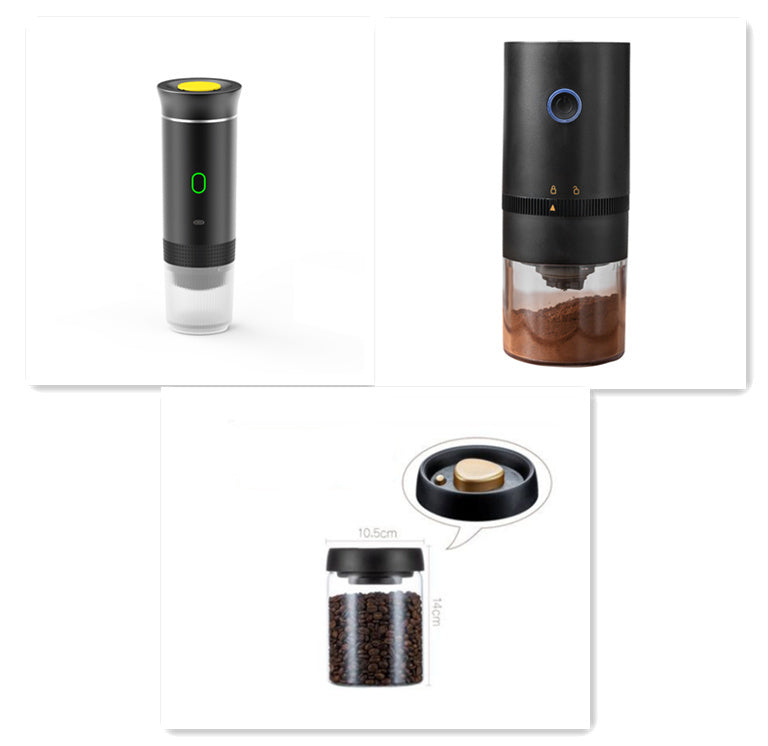 Collage of a portable coffee maker with different stages of use on a white background.