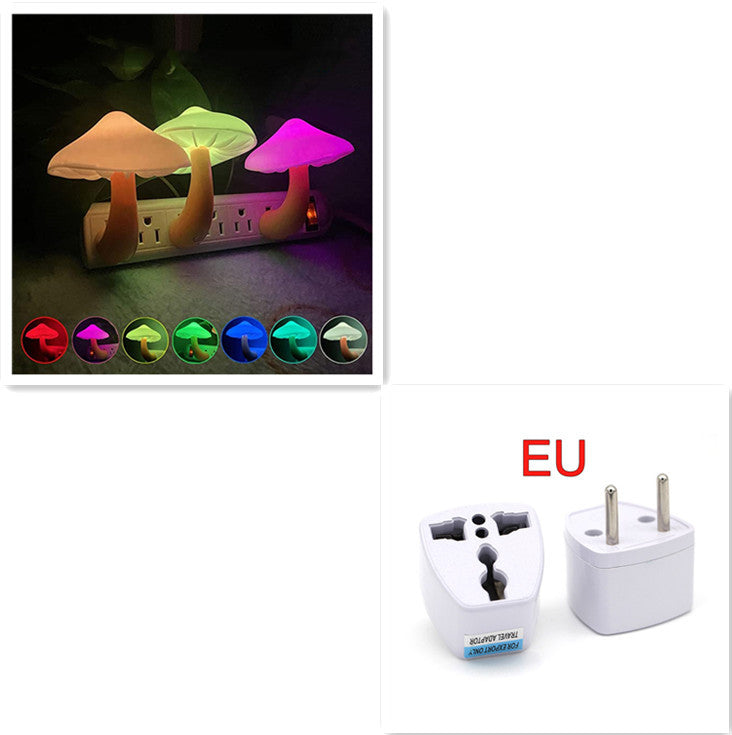 Colorful mushroom-shaped night light with a plug adapter labeled 'EU'.