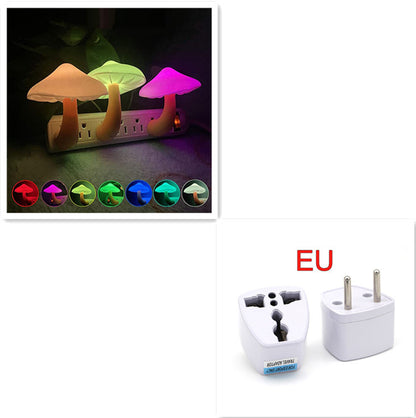 Colorful mushroom-shaped night light with a plug adapter labeled 'EU'.