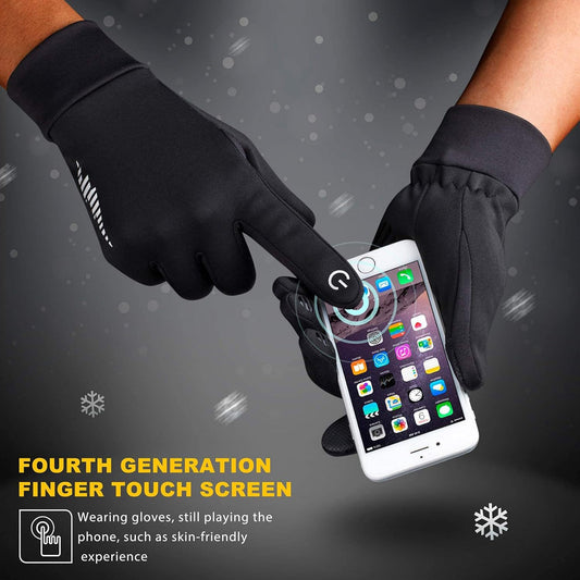 Black gloves with touch screen capability allowing interaction with a smartphone on a dark background.