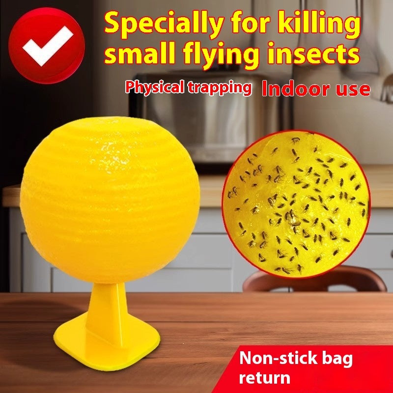 Yellow insect trap with a red check mark and text about killing small flying insects indoors.