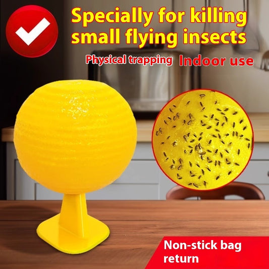 Yellow insect trap with a red check mark and text about killing small flying insects indoors.