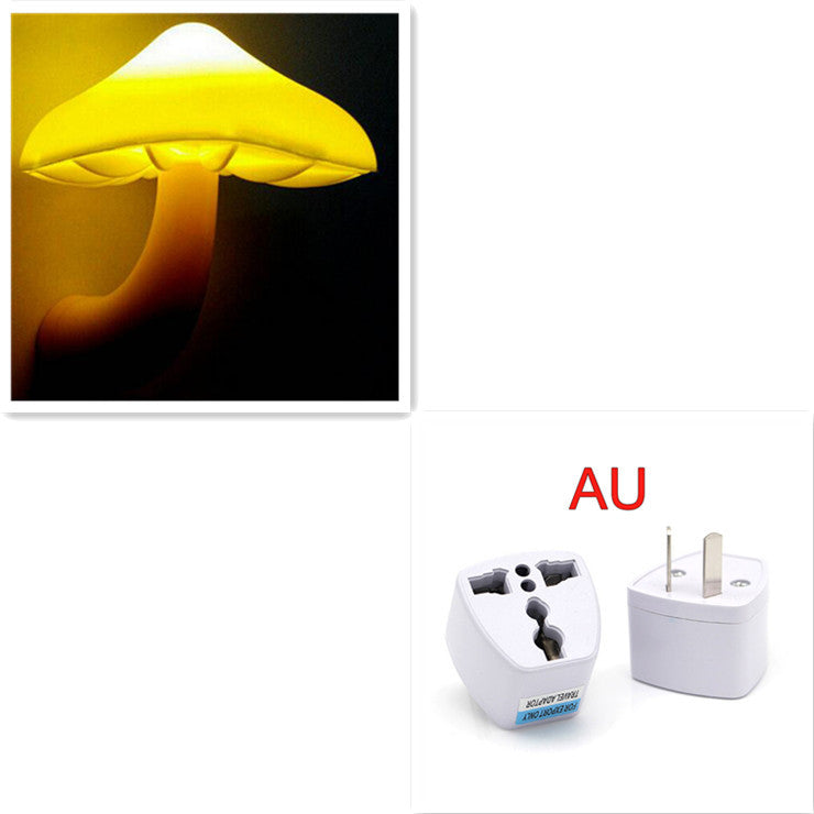 Mushroom-shaped night light on the left and two travel adapters on the right with 'AU' label.