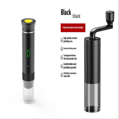 Black handheld grinder with features listed on a white background, and a black portable coffee maker